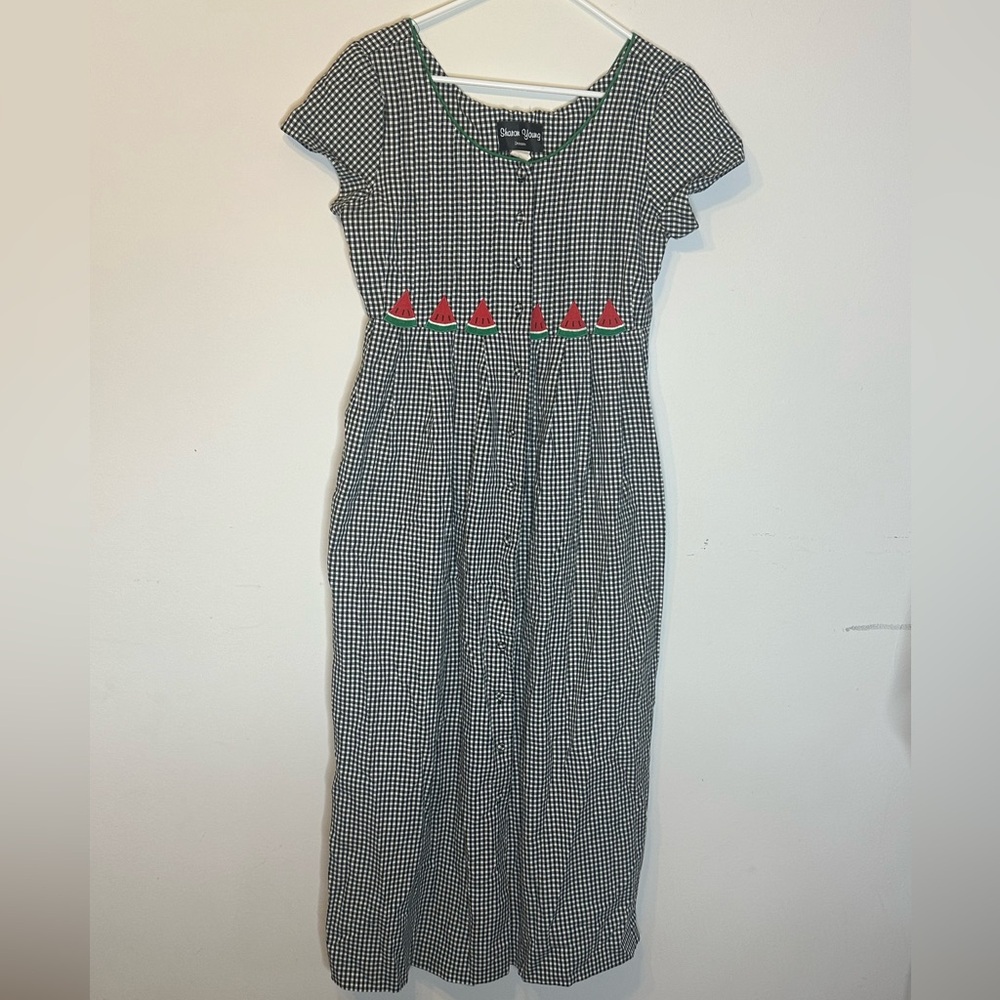 Vintage Sharon Young Gingham Watermelon Dress Black‎ White Embroidered 80s 6